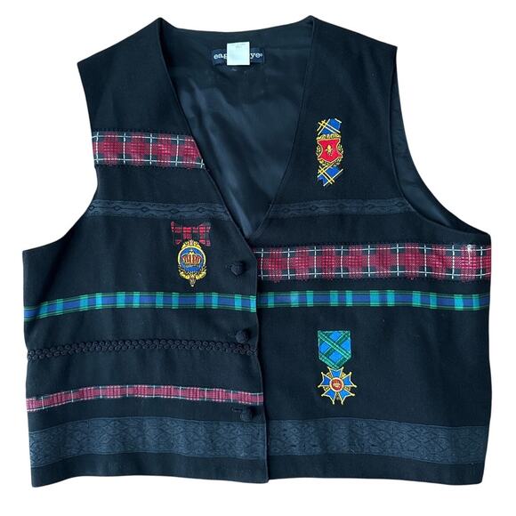 American Vintage Y2K Eagle's Eye Vest Embroidery Lace black Red tartan Large - Picture 1 of 11